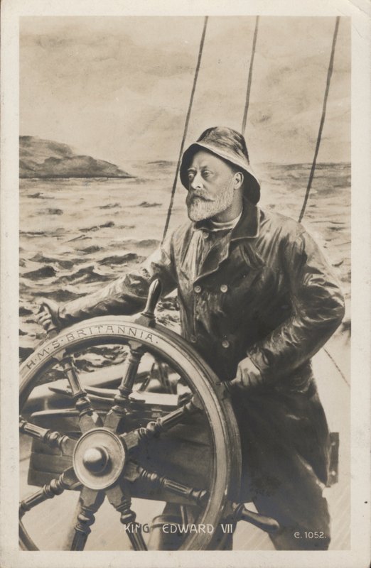 Portret króla Edwarda VII za sterami HMS Britannia (lito) autorstwa English School