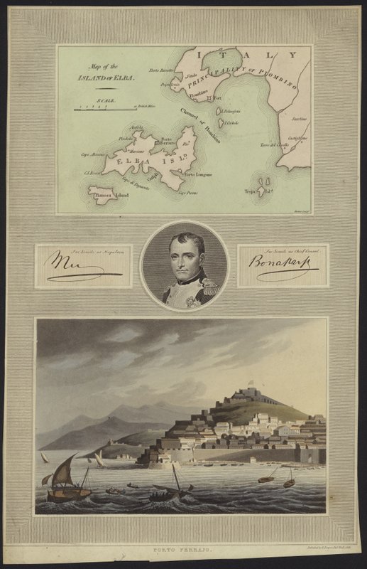 Portret Napoleona Bonaparte z mapą i widokiem na Elba autorstwa English School