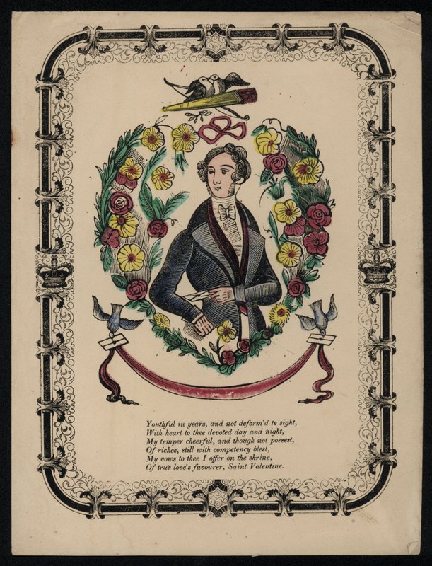 Portret przystojnego mężczyzny, walentynkowy wiersz (kolorowa grawerunek) autorstwa English School