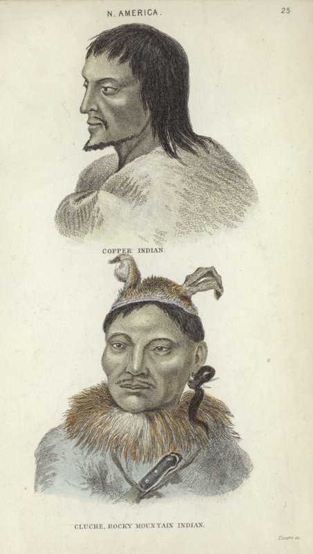 Portrety Indianina Copper i Indianina z Gór Skalistych (kolorowe grawerowanie) autorstwa English School