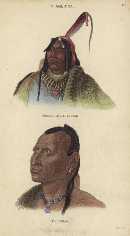 Portrety Indianina Moenitarre i Indianina Oto (kolorowe grawerowanie) autorstwa English School