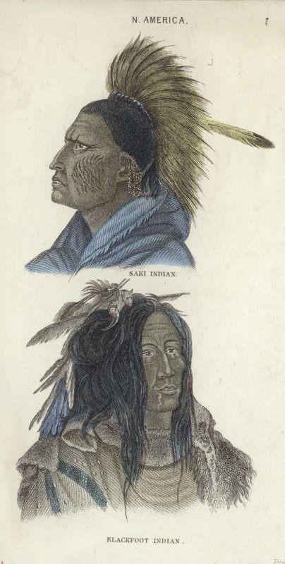 Portrety Indianina Saki i Indian Blackfoot (kolorowe grawerowanie) autorstwa English School
