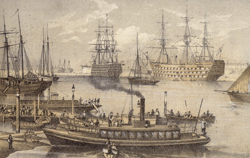 Portsmouth Harbor (kolorowy grawerunek) autorstwa English School