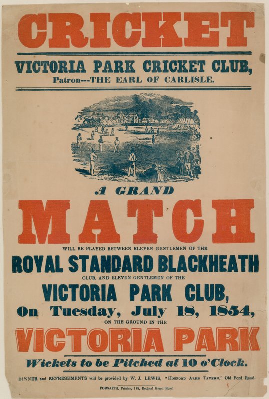 Plakat reklamujący mecz krykieta w Victoria Park Cricket Club 18 lipca 1854 r autorstwa English School