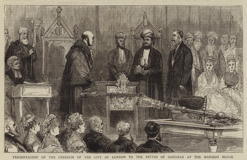 Prezentacja Wolności City of London Seyyidowi Zanzibaru w Mansion House (grawerowanie) autorstwa English School