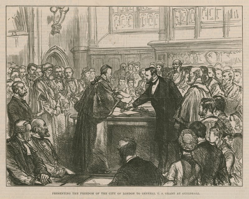 Przedstawienie wolności City of London generałowi US Grant w Guildhall autorstwa English School