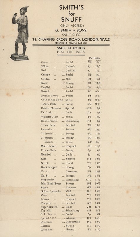 Cennik dla G Smith & Sons, Snuff Shop autorstwa English School