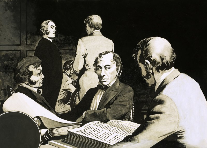 Premier Benjamin Disraeli naradza się ze swoimi konserwatywnymi kolegami autorstwa English School