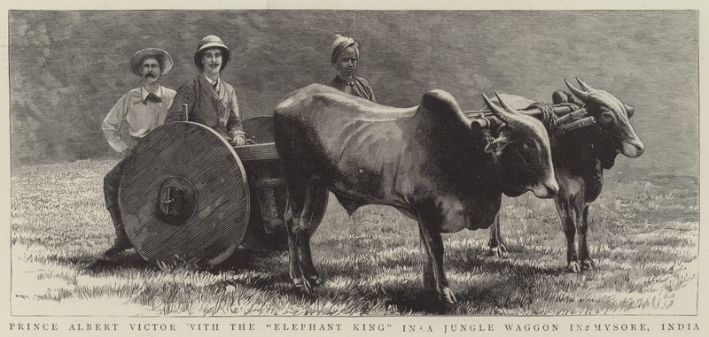 Książę Albert Victor z „Królem Słoni” w wozie z dżungli w Mysore w Indiach (grafika) autorstwa English School