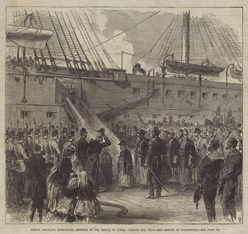 Książę Tokugawa Minbutaiho, brat japońskiego potentata, odwiedzający HM Troop-Ship Serapis w Portsmouth (rycina) autorstwa English School