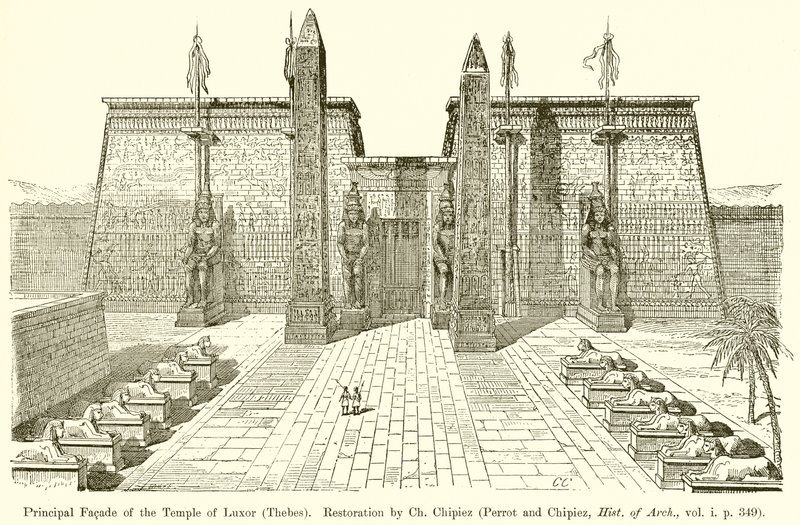 Główna fasada świątyni w Luksorze (Teby). Restauracja Ch. Chipiez (Perrot i Chipiez, Hist. of Arch., vol. i. p. 349) autorstwa English School