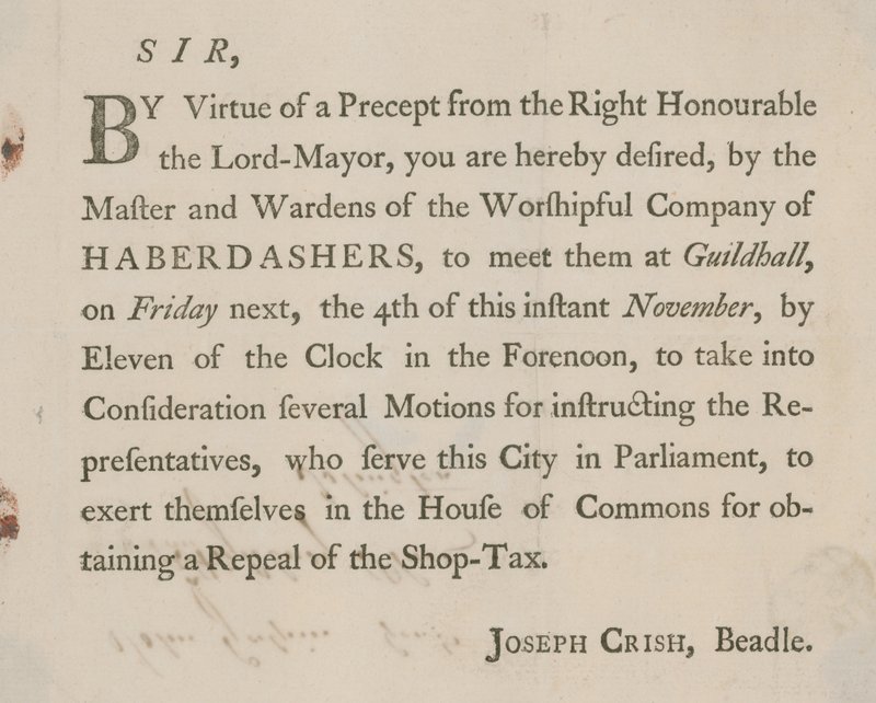 Wydrukowany list od Josepha Crisha, Beadle of Guildhall, Londyn autorstwa English School