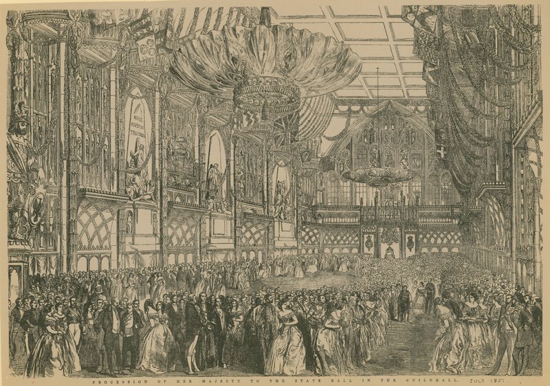 Procesja Jej Królewskiej Mości na Bal Stanowy w Guildhall, Londyn, lipiec 1851 r autorstwa English School
