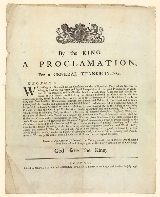 Proklamacja na Święto Dziękczynienia, 1798 autorstwa English School