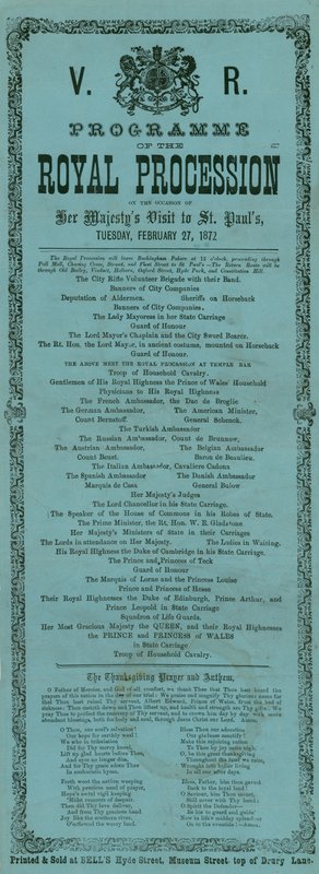 Program procesji królewskiej z okazji wizyty Jej Królewskiej Mości w Katedrze św. Pawła w Londynie, 27 lutego 1872 r. autorstwa English School