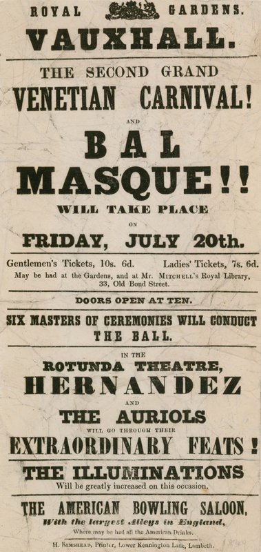 Ulotka promocyjna Drugiego Wielkiego Karnawału Weneckiego i Bal Masque w Royal Gardens, Vauxhall, Londyn autorstwa English School
