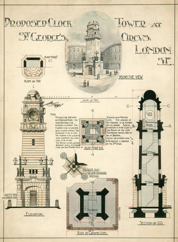 Proponowana wieża zegarowa w St Georges Circus, Londyn SE (atrament na papierze) autorstwa English School
