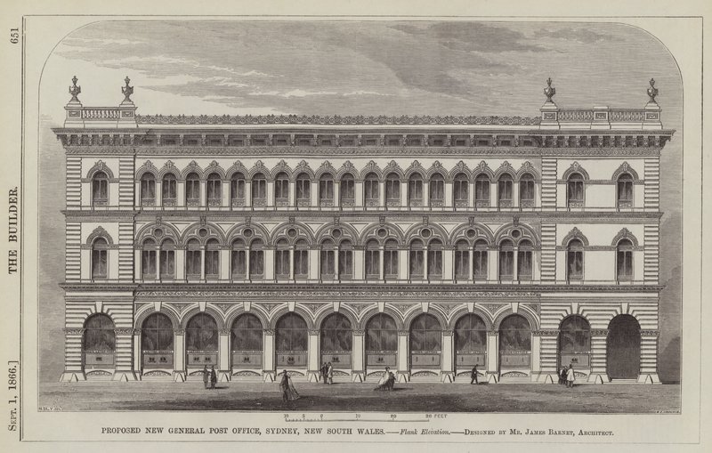 Proponowany nowy główny urząd pocztowy, Sydney, Nowa Południowa Walia, elewacja Flank, zaprojektowany przez pana Jamesa Barneta, architekta (grafika) autorstwa English School