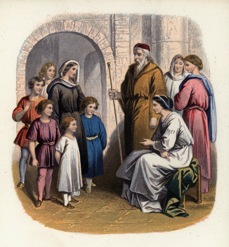 Roztropność katechizuje dzieci Christiany, ilustracja z Wędrówki pielgrzyma Johna Bunyana (kolor lito) autorstwa English School