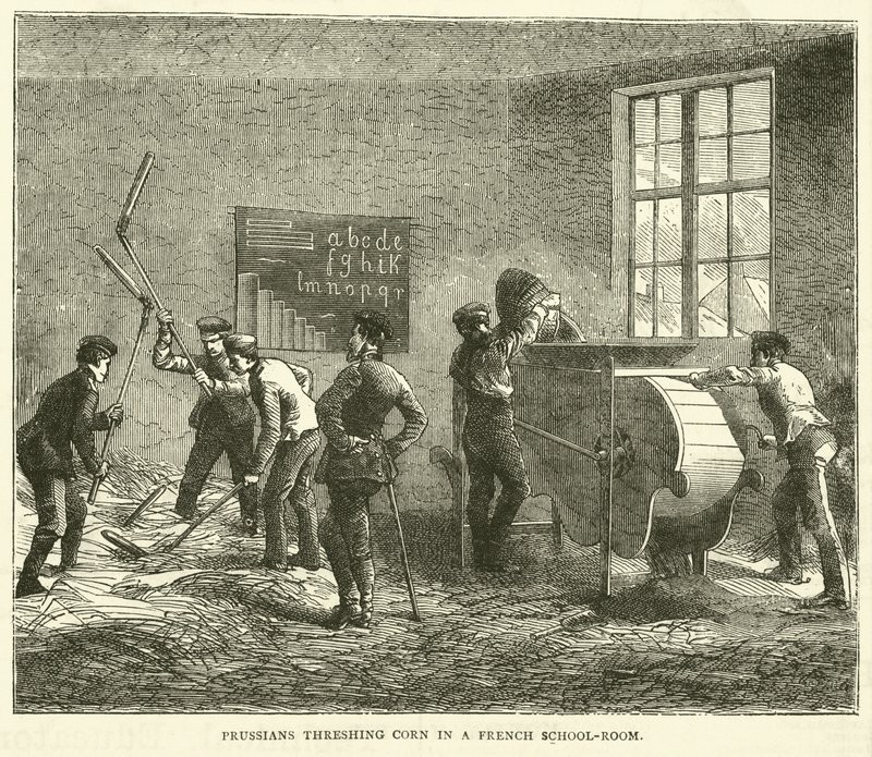 Prusacy młócą kukurydzę we francuskiej sali szkolnej, wrzesień 1870 autorstwa English School
