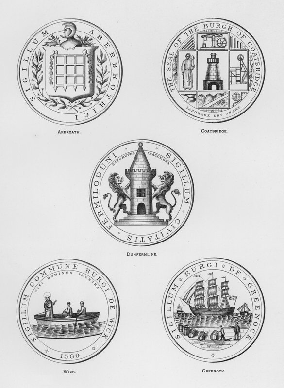 Broń publiczna: Arbroath; Coatbridge; Dunfermline; Knot; Greenock (grawerowanie) autorstwa English School