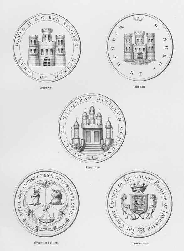 Broń publiczna: Dunbar; Sanquhar; Inverness-shire; Lancashire (grawerowanie) autorstwa English School