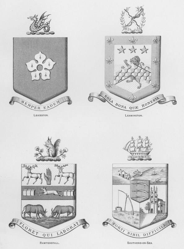Broń publiczna: Leicester; Leamingtona; Rawtenstall; Southend-on-Sea (grawerowanie) autorstwa English School