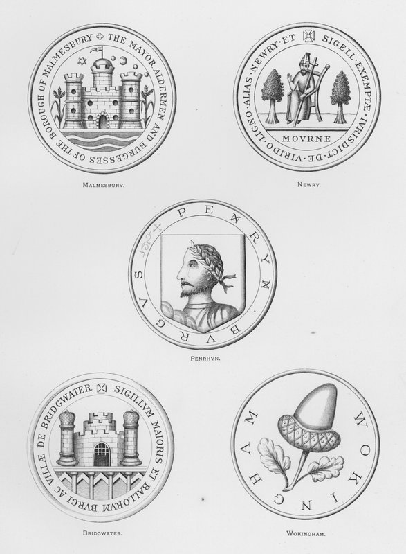 Broń publiczna: Malmesbury; Nowość; Penryna; Woda pomostowa; Wokingham (grawerowanie) autorstwa English School