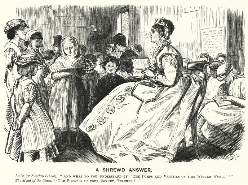Punch cartoon: A Sprytny Asnwer - wiktoriańska scena szkółki niedzielnej (grawerowanie) autorstwa English School
