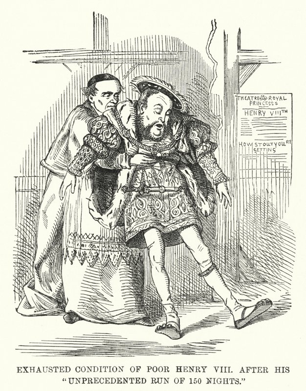 Punch cartoon: Wyczerpany stan biednego Henryka VIII po jego bezprecedensowym biegu 150 nocy (grawerowanie) autorstwa English School