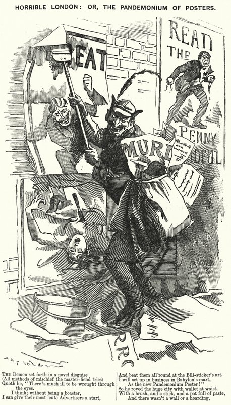 Punch cartoon: Horrible London: czyli Pandemonium of Posters – Londyn w czasie morderstw Kuby Rozpruwacza (rycina) autorstwa English School
