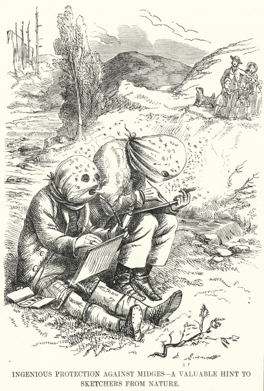 Punch cartoon: Ingenious Protection against Midges – cenna wskazówka dla rysowników z natury (grawerowanie) autorstwa English School