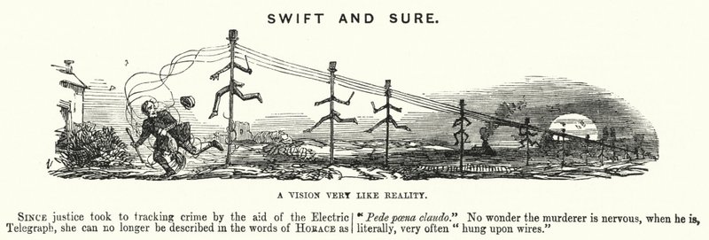 Punch cartoon: Swift and Sure – wykorzystanie telegrafii elektrycznej w śledzeniu przestępstw (grawerowanie) autorstwa English School