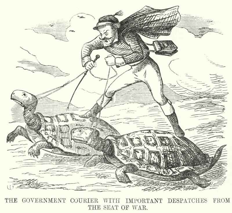 Punch cartoon: The Government Courier z ważnymi depeszami z miejsca wojny (rycina) autorstwa English School