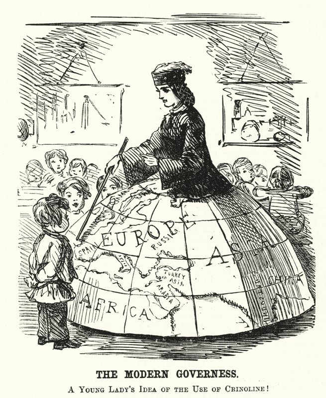 Punch cartoon: The Modern Governess - spódnica z szerokim obręczą służąca jako pomoc w nauce geografii (grafika) autorstwa English School