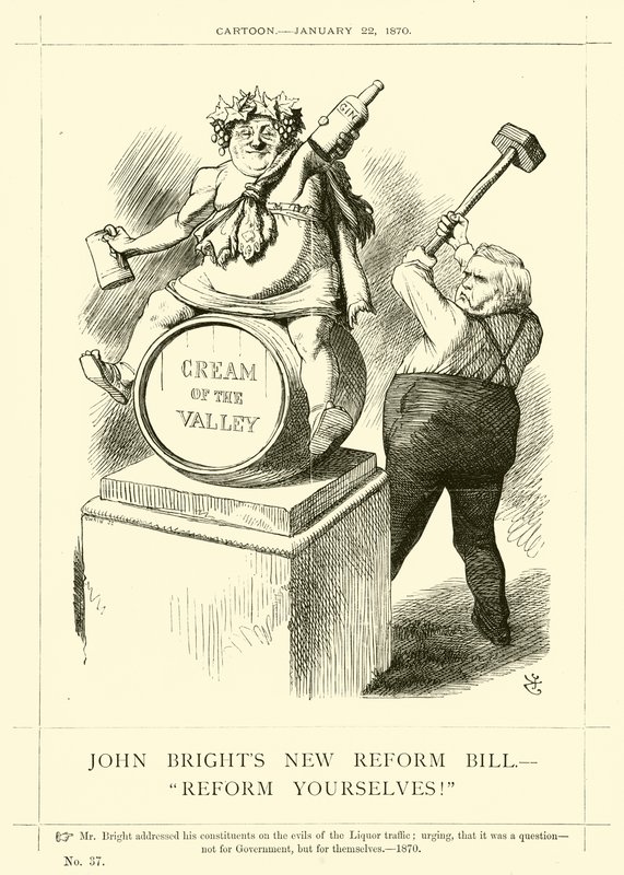 Karykatura dotycząca Johna Brighta: Nowa ustawa reformatorska Johna Brighta, „Reform Yourselves!”, 22 stycznia 1870 (rycina) autorstwa English School