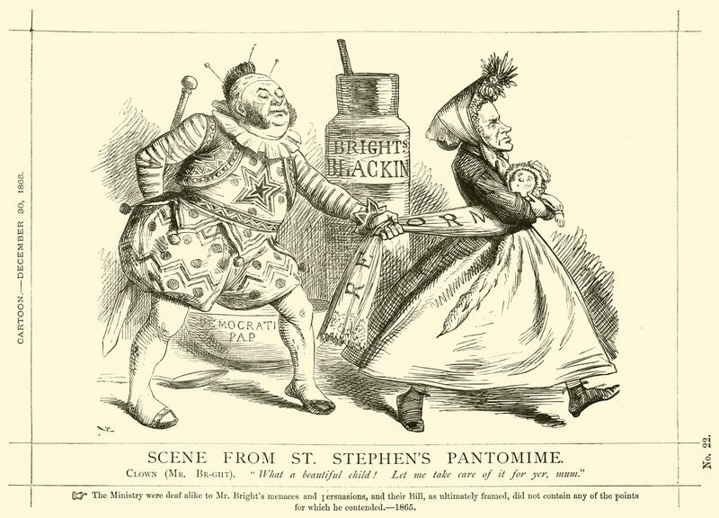 Kreskówka dziurkacza dotycząca Johna Brighta: Scena z Pantomimy św. Szczepana, 30 grudnia 1865 (rycina) autorstwa English School