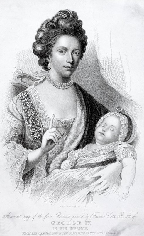 Królowa Charlotte, małżonka króla Jerzego III, z małym synkiem, przyszłym księciem regentem i królem Jerzym IV autorstwa English School