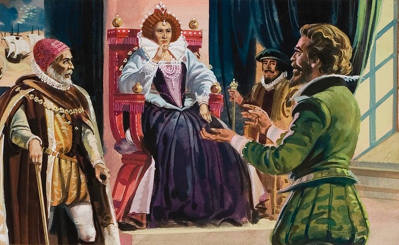 Królowa Elżbieta I (1533-1603) i Sir Francis Drake (1540-96) (gwasz na papierze) autorstwa English School