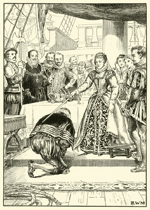Królowa Elżbieta na pokładzie Golden Hind (atrament na papierze) autorstwa English School