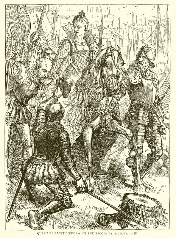 Królowa Elżbieta przegląda żołnierzy w Tilbury, 1588 autorstwa English School