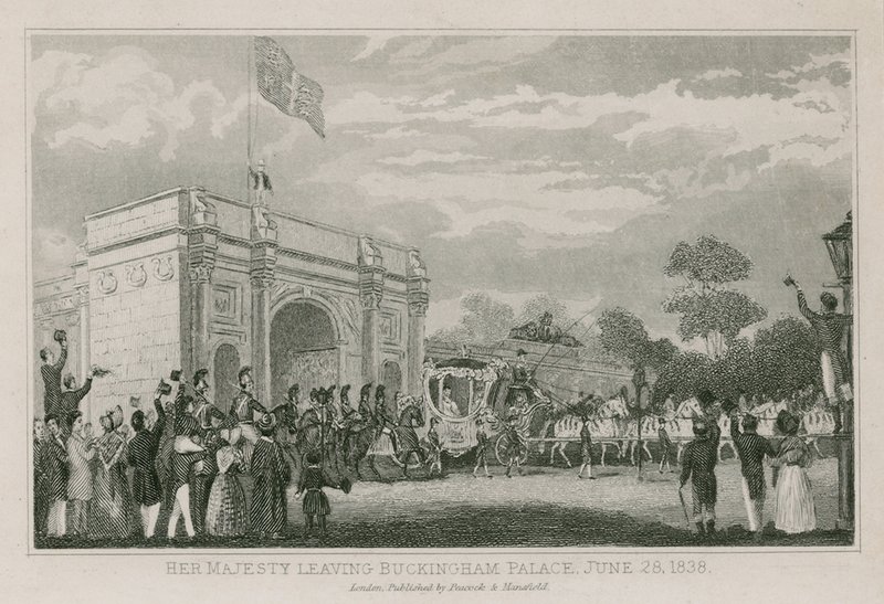 Królowa Wiktoria opuszcza Pałac Buckingham, 28 czerwca 1838 autorstwa English School