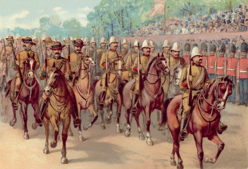 Diamentowy Jubileusz Królowej Wiktorii 1897, karabiny Cape i Canadian Rifle przechodzące przez Wzgórze Konstytucji (chromolitho) autorstwa English School
