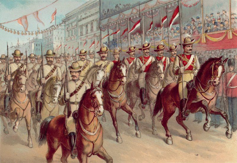 Diamentowy Jubileusz Królowej Wiktorii 1897, wiktoriańscy strzelcy i lansjerzy z Nowej Południowej Walii przechodzący obok Pall Mall (chromolitho) autorstwa English School