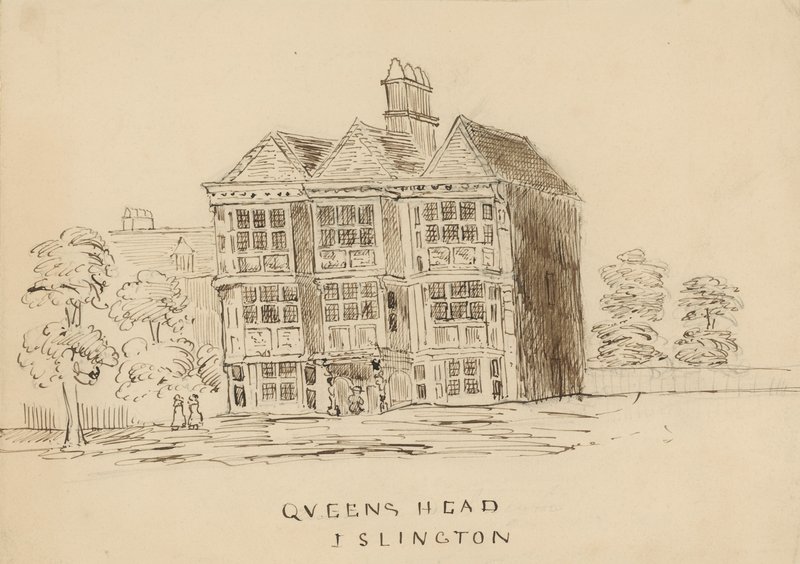 Queens Head, Islington, Londyn (tusz na papierze) autorstwa English School