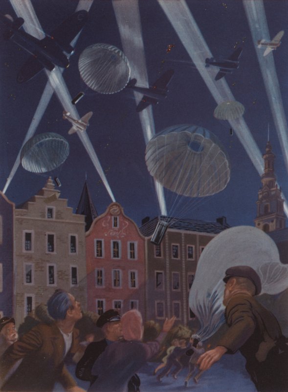 Samoloty RAF-u z Bomber Command zrzucające nad okupowaną przez Niemców Holandią papierosy dla ludności cywilnej z okazji urodzin królowej Wilhelminy, II wojna światowa autorstwa English School