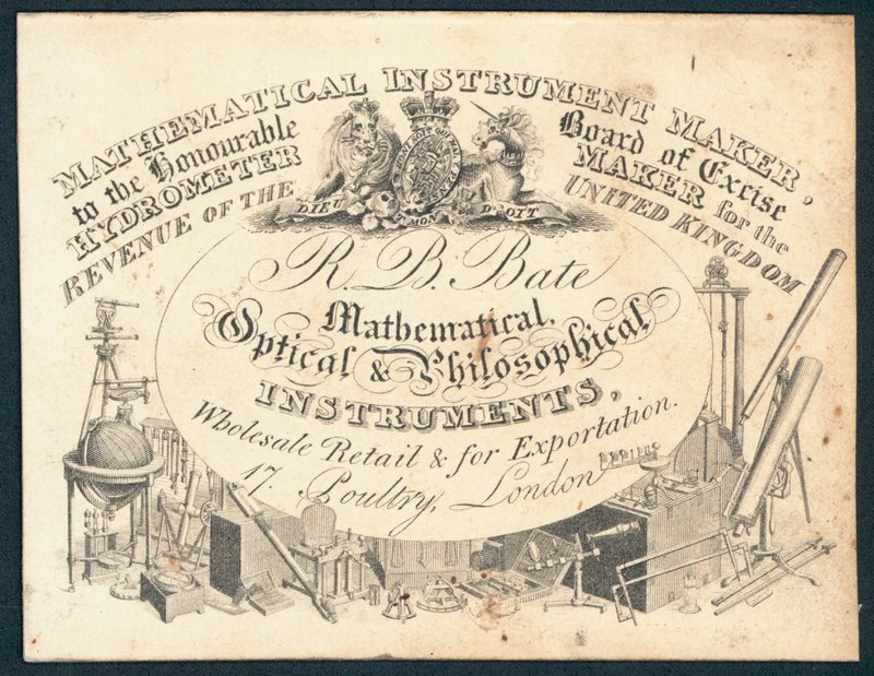 R B Bate, instrumenty matematyczne, optyczne i filozoficzne, karta handlowa autorstwa English School