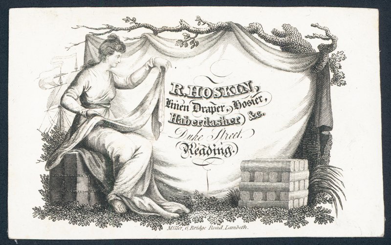 R Hoskin, lniana draperia, wyroby pończosznicze, pasmanteria, karta handlowa autorstwa English School