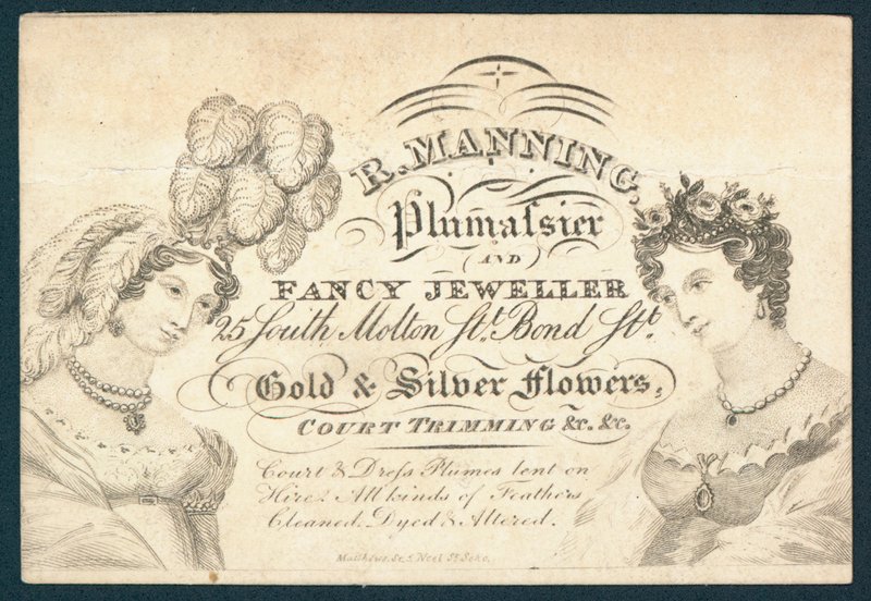 R Manning, Plumassier i fantazyjny jubiler, karta handlowa autorstwa English School