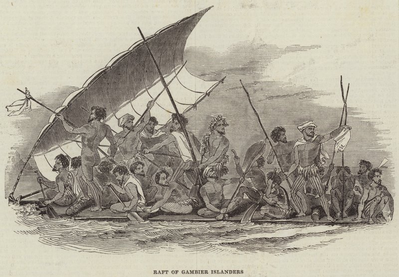 Tratwa Gambier Islanders (grawerowanie) autorstwa English School